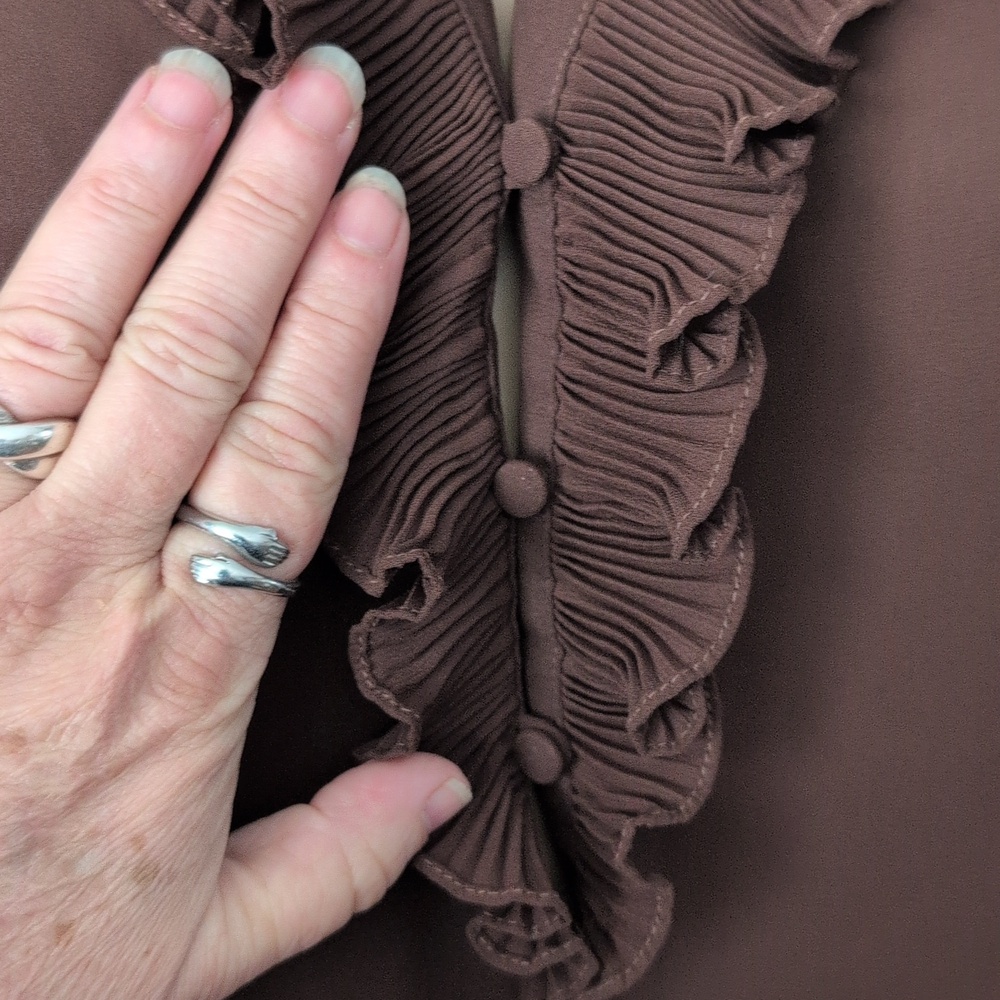 Vintage Whimsigoth Chocolate Brown Pleated Ruffled V-Neck Long Sleeve Blouse - Picture 10 of 16